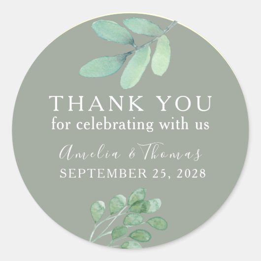 Sage Green Botanical結婚's Thank You Sticker ラウンドシール (正面)