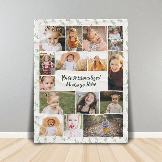 Sage Green Botanical 16 Photo Collage  フリースブランケット