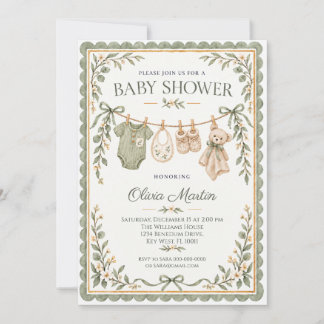 Sage Green Botanical Clothesline Baby Shower 招待状