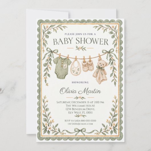 Sage Green Botanical Clothesline Baby Shower 招待状 (正面)