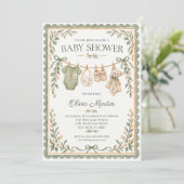 Sage Green Botanical Clothesline Baby Shower 招待状 (スタンド正面)