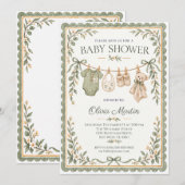 Sage Green Botanical Clothesline Baby Shower 招待状 (正面/裏面)