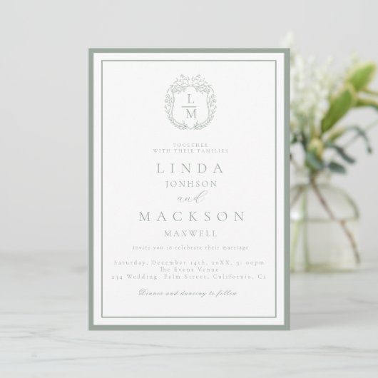 Sage Green botanical crest monogram wedding 招待状 (スタンド正面)