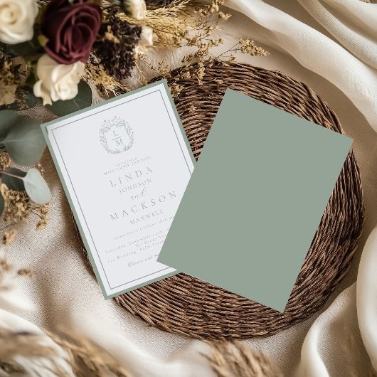Sage Green botanical crest monogram wedding 招待状