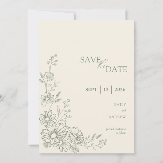 Sage Green Botanical Daisy Garden Wedding セーブザデート (正面)