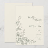 Sage Green Botanical Daisy Garden Wedding セーブザデート (正面/裏面)