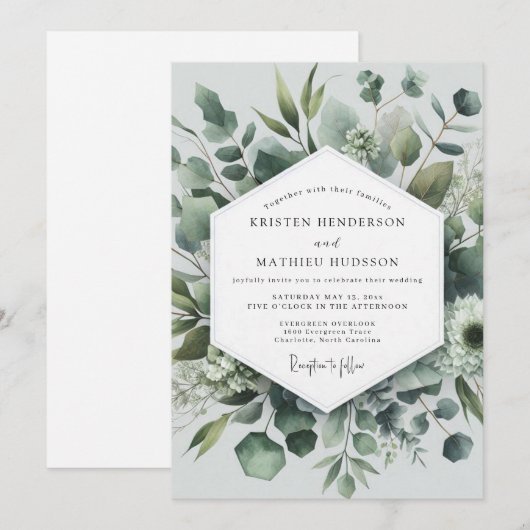 Sage Green Botanical Elegance Wedding 招待状 (正面/裏面)