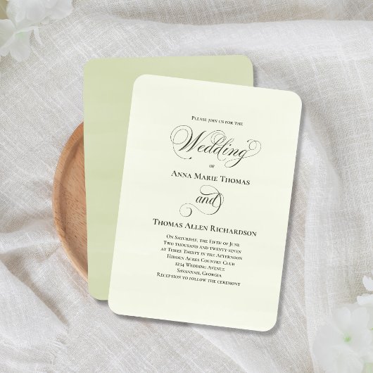 Sage Green Botanical Elegant Script Wedding Invite 招待状