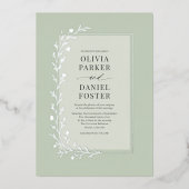 Sage Green Botanical Floral Wedding Silver 箔招待状 (正面)