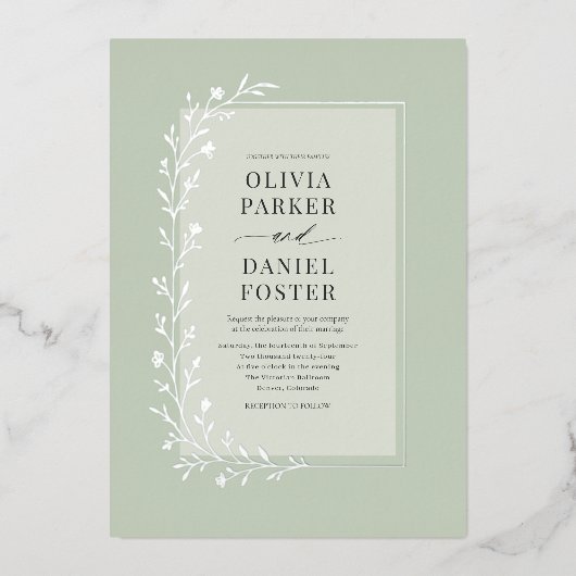 Sage Green Botanical Floral Wedding Silver 箔招待状 (正面)