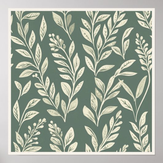 Sage Green Botanical Leaf Pattern Wall Art ポスター (正面)