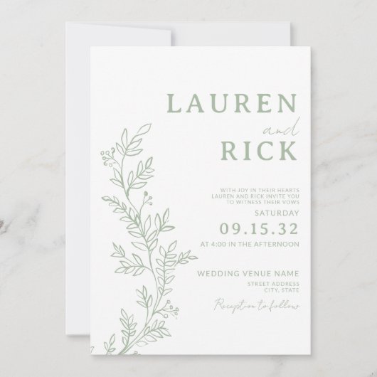 Sage Green Botanical Line Art Greenery Wedding 招待状 (正面)