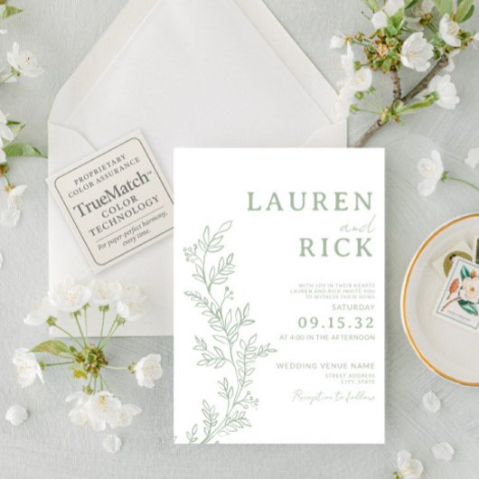 Sage Green Botanical Line Art Greenery Wedding 招待状