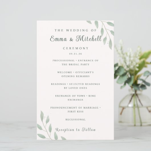 Sage Green Botanical Minimal Wedding Program Card (スタンド正面)