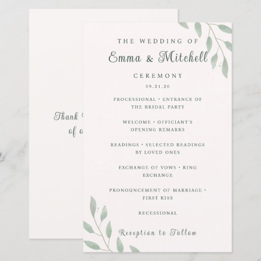 Sage Green Botanical Minimal Wedding Program Card (正面/裏面)