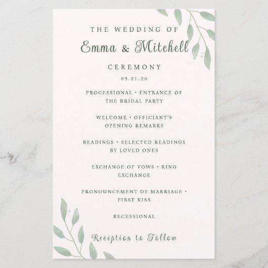 Sage Green Botanical Minimal Wedding Program Card (正面)