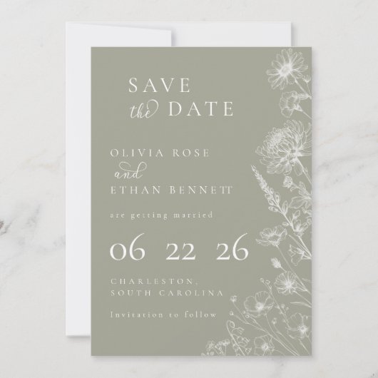Sage Green Botanical Minimal Wedding Save the Date (正面)