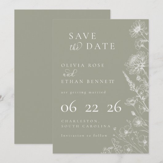 Sage Green Botanical Minimal Wedding Save the Date (正面/裏面)