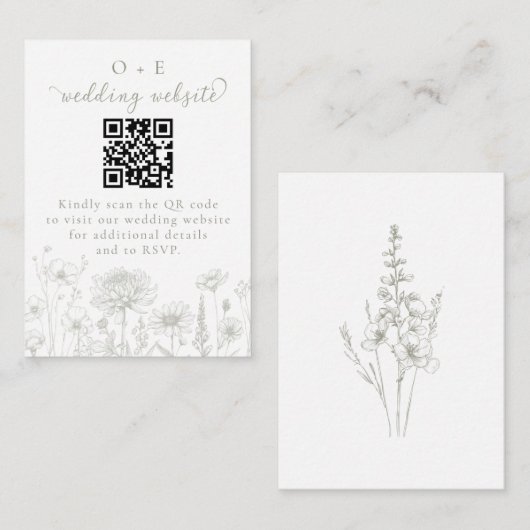 Sage Green Botanical Minimal Wedding Website QR エンクロージャーカード (正面/裏面)