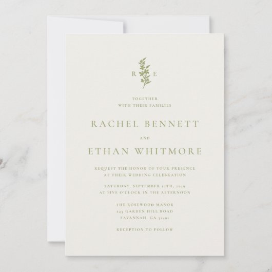 Sage Green Botanical Monogram Wedding Invitation 案内状 (正面)
