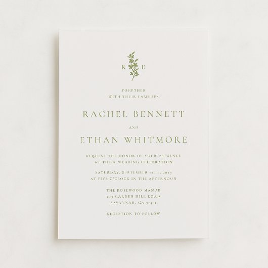 Sage Green Botanical Monogram Wedding Invitation 案内状