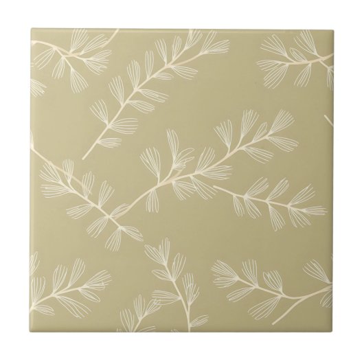 Sage Green Botanical Pattern Cream Hand Drawn Leaf タイル (正面)
