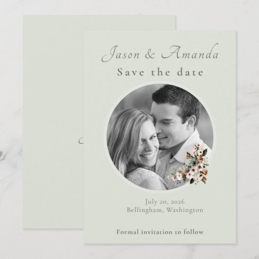 Sage Green Botanical Photo Save the Date 招待状 (正面/裏面)
