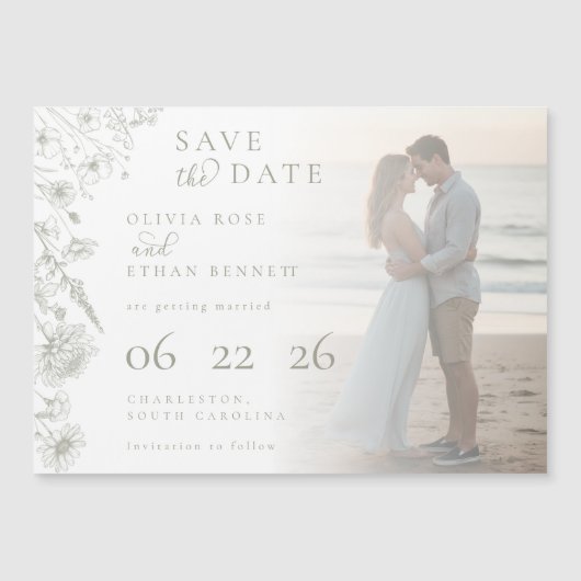 Sage Green Botanical Photo Wedding Save the Date  (正面)