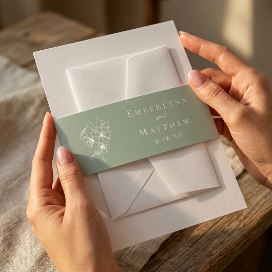 Sage Green Botanical Simple Elegant Wedding 招待状ベリーバンド