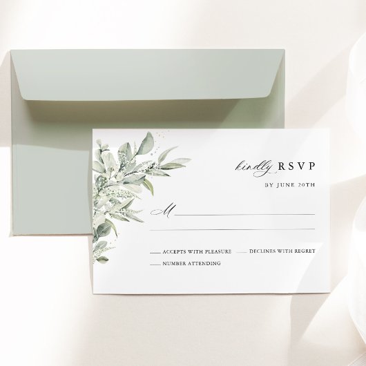 Sage Green Botanical Watercolor Elegant Wedding 出欠カード