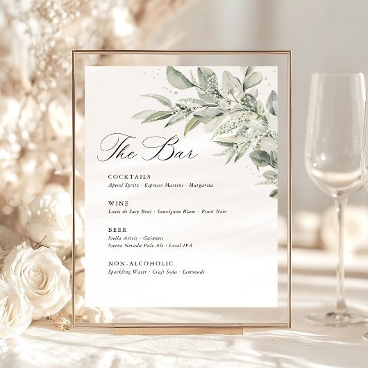 Sage Green Botanical Watercolor Wedding Bar Menu 台座サイン