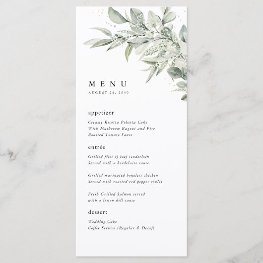 Sage Green Botanical Watercolor Wedding Dinner メニュー (正面)