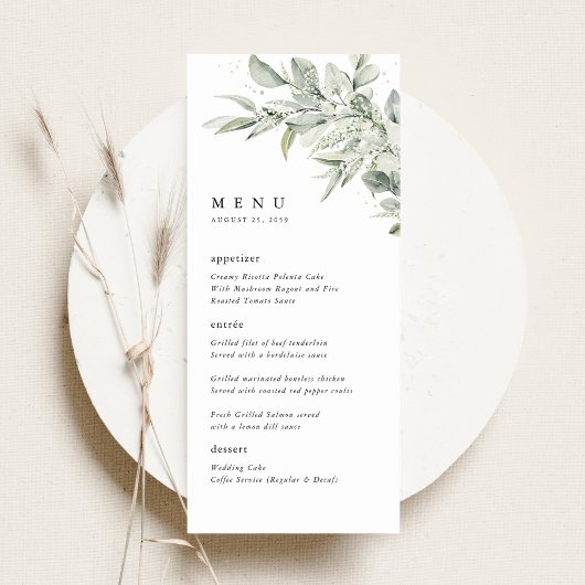 Sage Green Botanical Watercolor Wedding Dinner メニュー