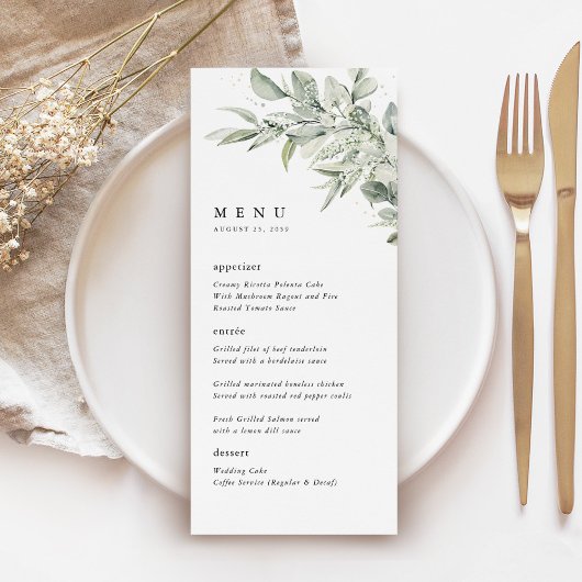 Sage Green Botanical Watercolor Wedding Dinner メニュー