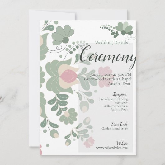 Sage Green Botanical Wedding Details Card 招待状 (正面)