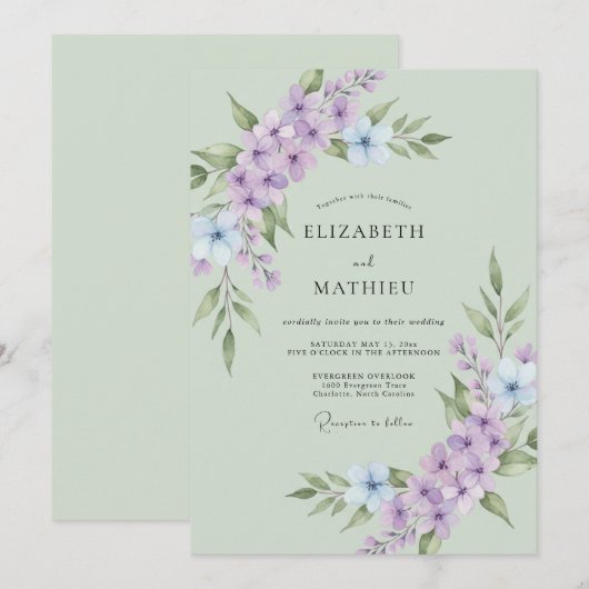 Sage Green Bountiful Lavender Wedding 招待状 (正面/裏面)