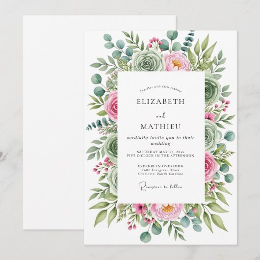 Sage Green Bountiful Succulent Wedding 招待状 (正面/裏面)