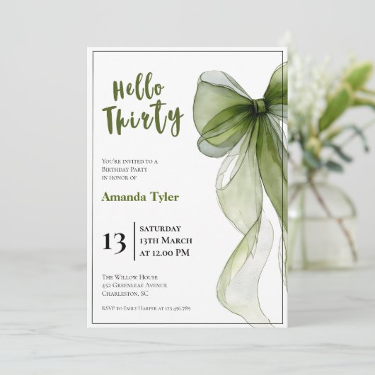 Sage Green Bow 30th Birthday Invitation 招待状 (スタンド正面)