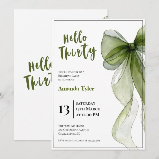 Sage Green Bow 30th Birthday Invitation 招待状 (正面/裏面)