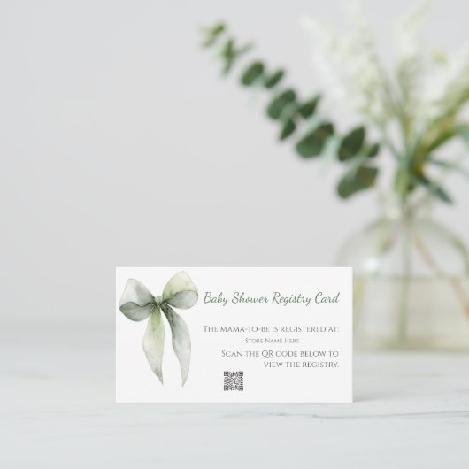 Sage Green Bow Baby Shower Registry Card 名刺 (スタンド正面)