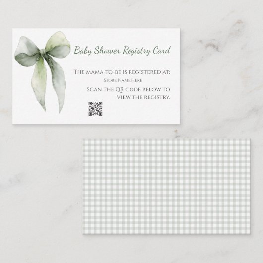 Sage Green Bow Baby Shower Registry Card 名刺 (正面/裏面)