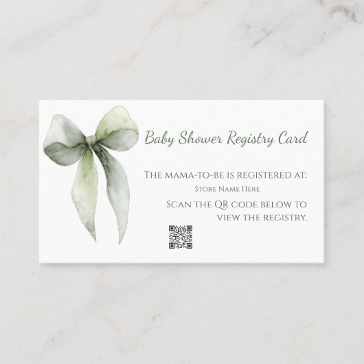 Sage Green Bow Baby Shower Registry Card 名刺 (正面)