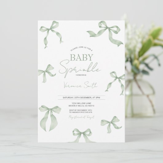 Sage Green Bow Baby Sprinkle Invitation 招待状 (スタンド正面)