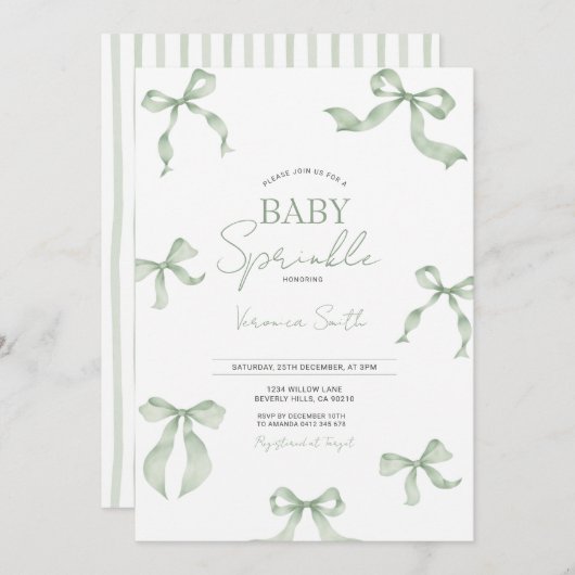 Sage Green Bow Baby Sprinkle Invitation 招待状 (正面/裏面)