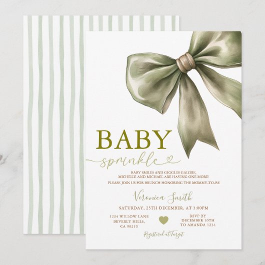 Sage Green Bow Baby Sprinkle Invitation 招待状 (正面/裏面)