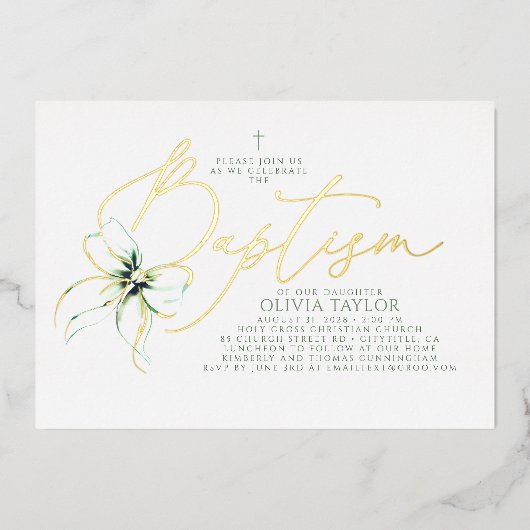 Sage Green Bow Elegant Minimalist Modern Baptism 箔招待状 (正面)