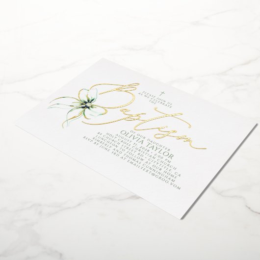 Sage Green Bow Elegant Minimalist Modern Baptism 箔招待状 (回転した状態)