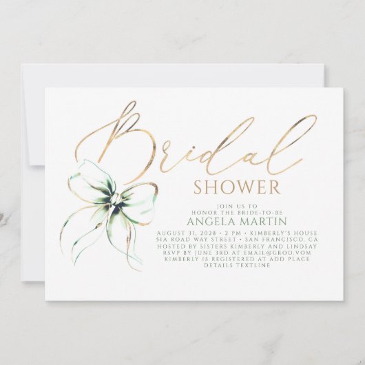 Sage Green Bow Elegant Romantic Bridal Shower 招待状 (正面)