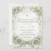 Sage Green Bow Floral First Holy Communion 招待状 (正面)