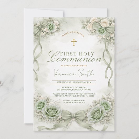 Sage Green Bow Floral First Holy Communion 招待状 (正面)
